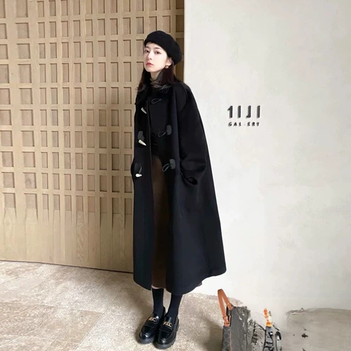 Черное двусторонное шерстяное демисезонное шерстяное пальто, средней длины, подходит для подростков, изысканный стиль