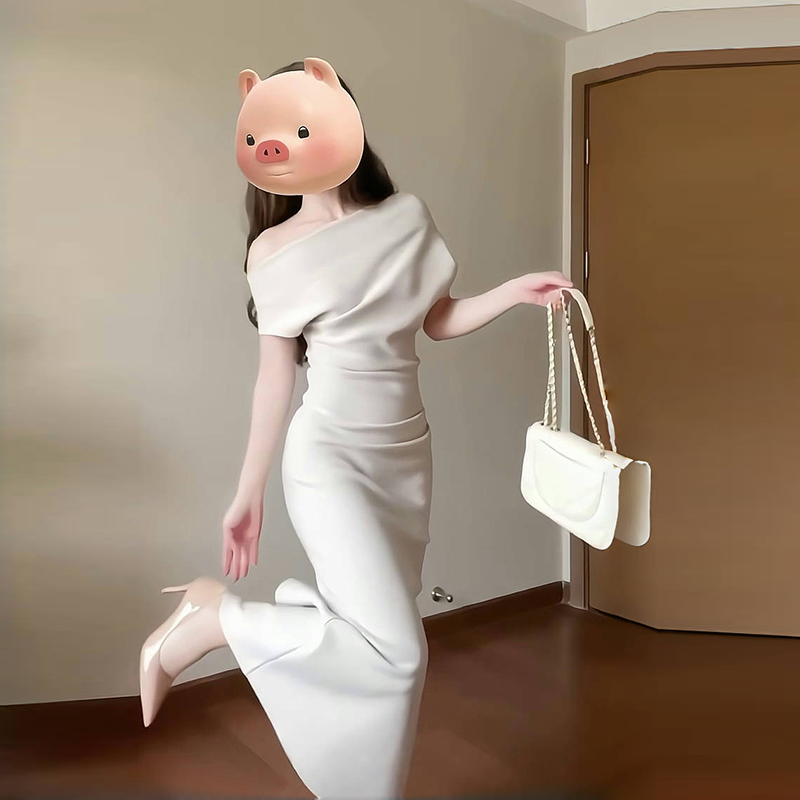 French Slanted Shoulder, Swung Collar, One-Shoulder Dress, Women's Summer Elegant, Waist-Cinching Off-Shoulder Dress, Hip-Covering Skirt, Long Skirt