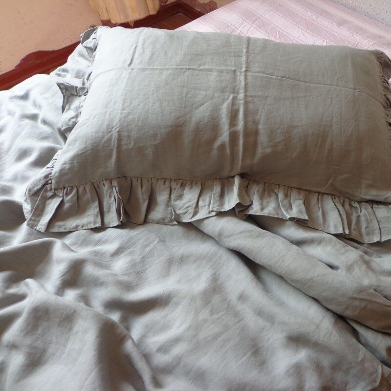 Blue grey green linen with lotus leaf edge pure linen bed pint can be set as pillowcase bed linen