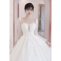  The brides main wedding dress 2021 new temperament summer long-sleeved V-neck simple small man forest round neck light yarn trailing