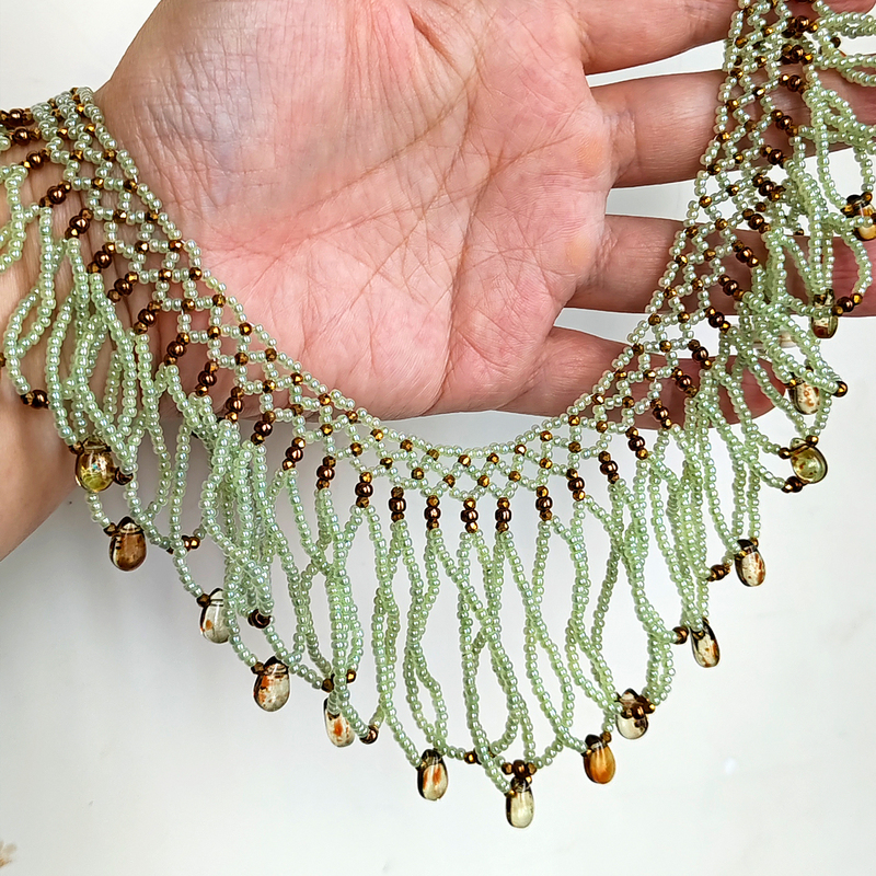 Tassel Rice Bead Necklace Finished Product with Lace Design, Niche Jewelry, Romantic Bohemian Vacation Style, Hand-Woven