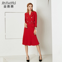 Red dress womens autumn 2021 new long-sleeved slim OL suit dress casual professional temperament waist long dress