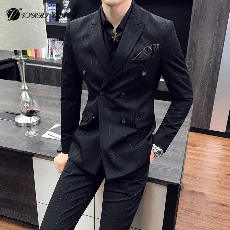 Spring and autumn new suit suit men slim fashion stripe casual business work suit double-breasted two-piece suit