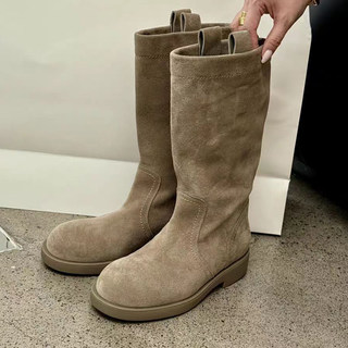 European Style Women's Boots, Genuine Leather Mid-Calf Boots, 2025 Autumn and Winter, Suede Retro Wide-Leg Boots, Below-The-Knee, Slimming Riding Boots for Women