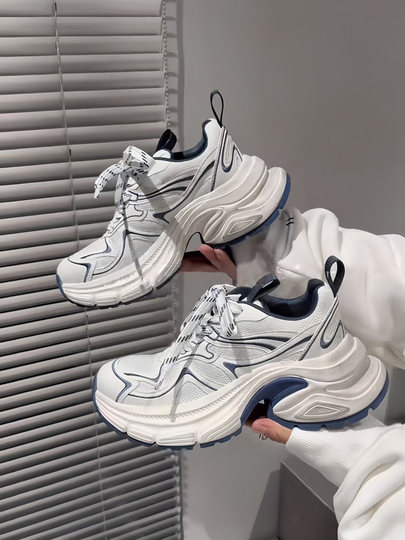 欧洲站2025秋新款真皮拼色厚底老爹鞋女网面透气炸街休闲运动鞋潮