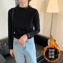 2019 autumn and winter New plus velvet padded half high collar cotton long sleeve T-shirt Slim Base shirt embroidery warm top