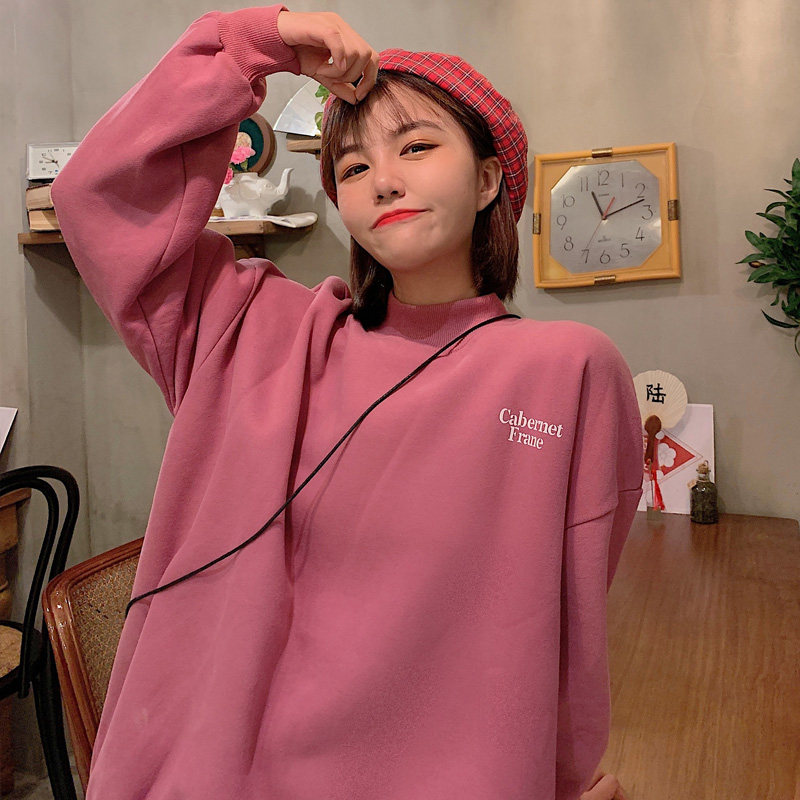 Semi-high collar velvet thick cotton T jacket Female student 2019 autumn and winter loose Korean version lazy ins tide cec top