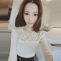 2017 Autumn New Korean thin pullover sweater women slim lace top with long sleeve base shirt