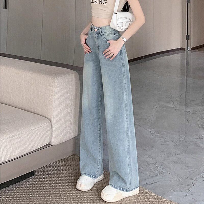 Vintage Blue Straight-Leg Jeans for Women, Autumn 2026 New Style, Versatile High-Waisted, Slimming, Loose, Drapey Wide-Leg Pants, Long Trousers