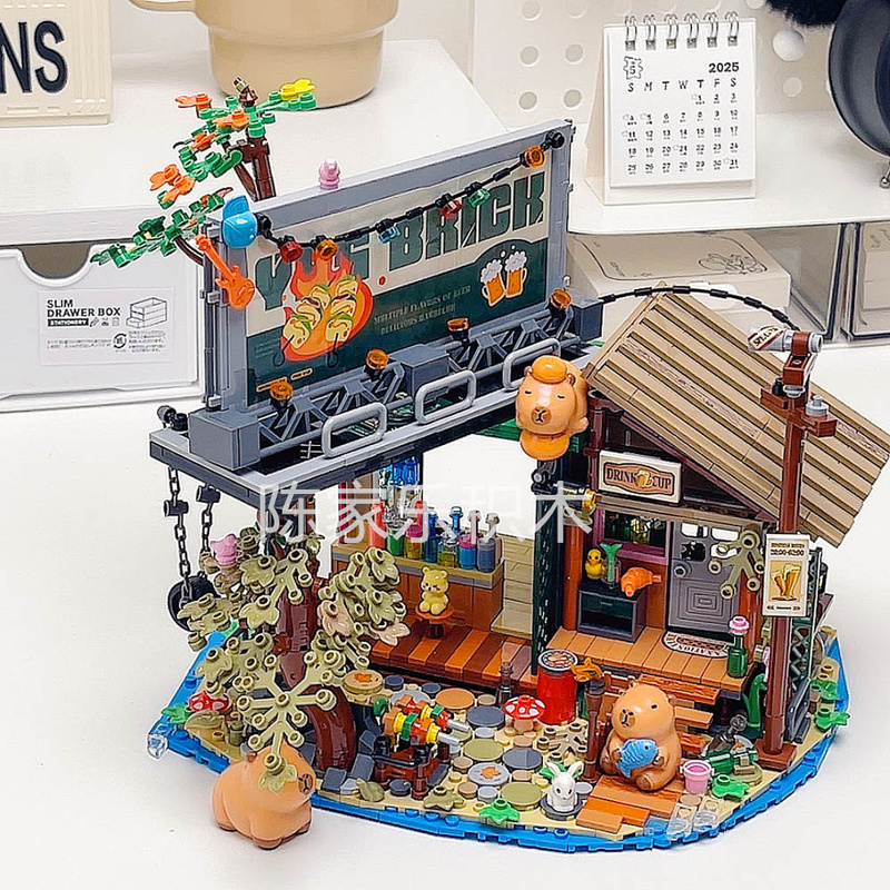 Kapibala Tavern Building Block Toys Assembled Capybara Forest Wooden House Healing Desktop Ornaments Gifts for Boys and Girls