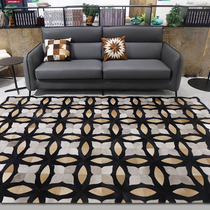 Modern minimalist geometric pattern stitching cowhide carpet living room light luxury style black and white bedroom horsehair study floor mat