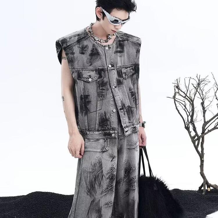 High-End American Street Retro Graffiti Padded Shoulder Sleeveless Denim Jacket Men's Vest Waistcoat Set Trendy Brand