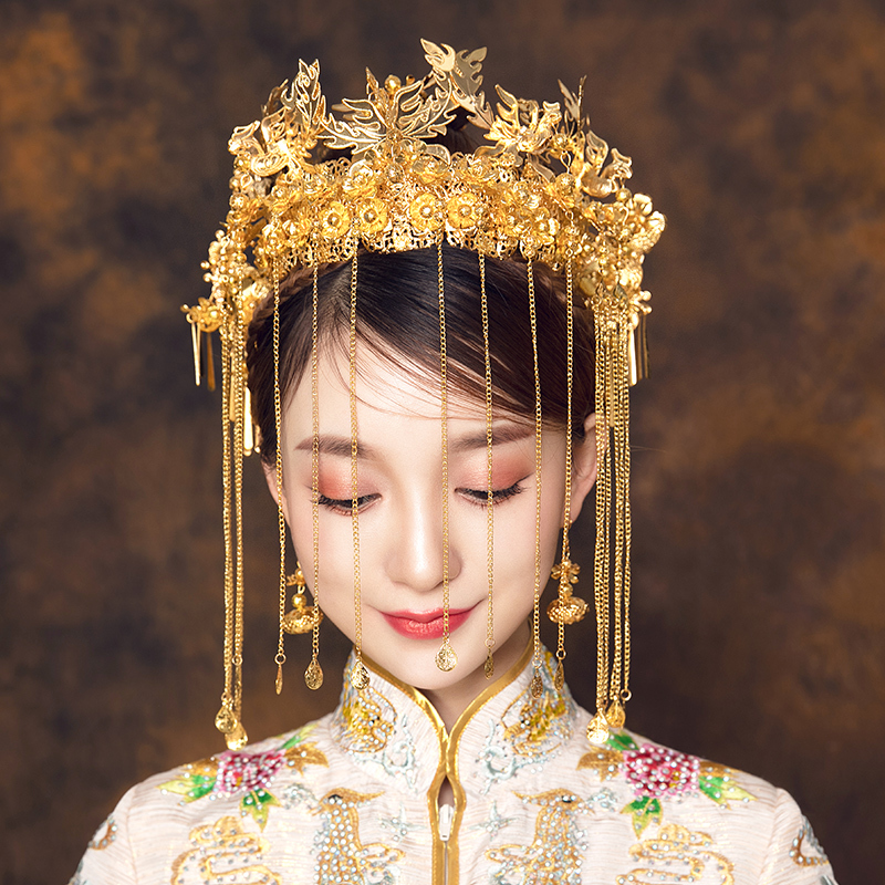 Chinese costume hair accessories Bride Headdress Chinese Wedding Dress Phoenix Crown Hair Decoration Set Retro Wedding Dragon and Phoenix Wear Accessories