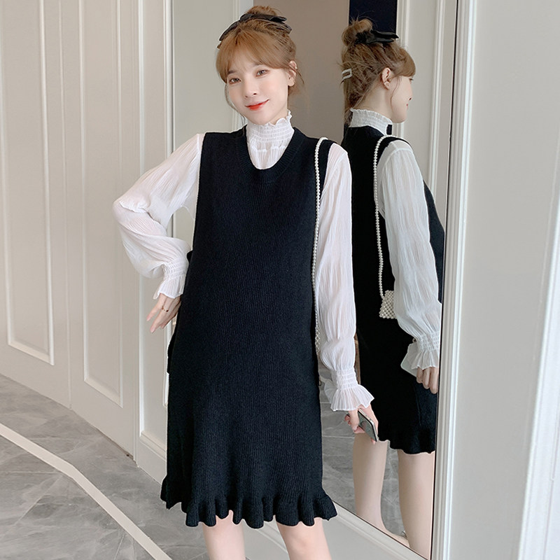 Maternity autumn clothes lace long-sleeved knitted vest skirt two-piece set 2022 new fashionable large size dress suit