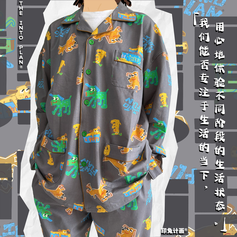 Original Design the into Plan Retro Gray Hand-Painted Pure Cotton Men's and Women's Home Wear Tops Pajamas Tops