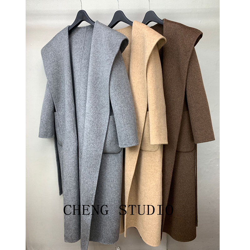 2025 Autumn/Winter New High-End Camel Wool Hooded Lace-Up Double-Sided Woolen Coat Extra Long Woolen Jacket