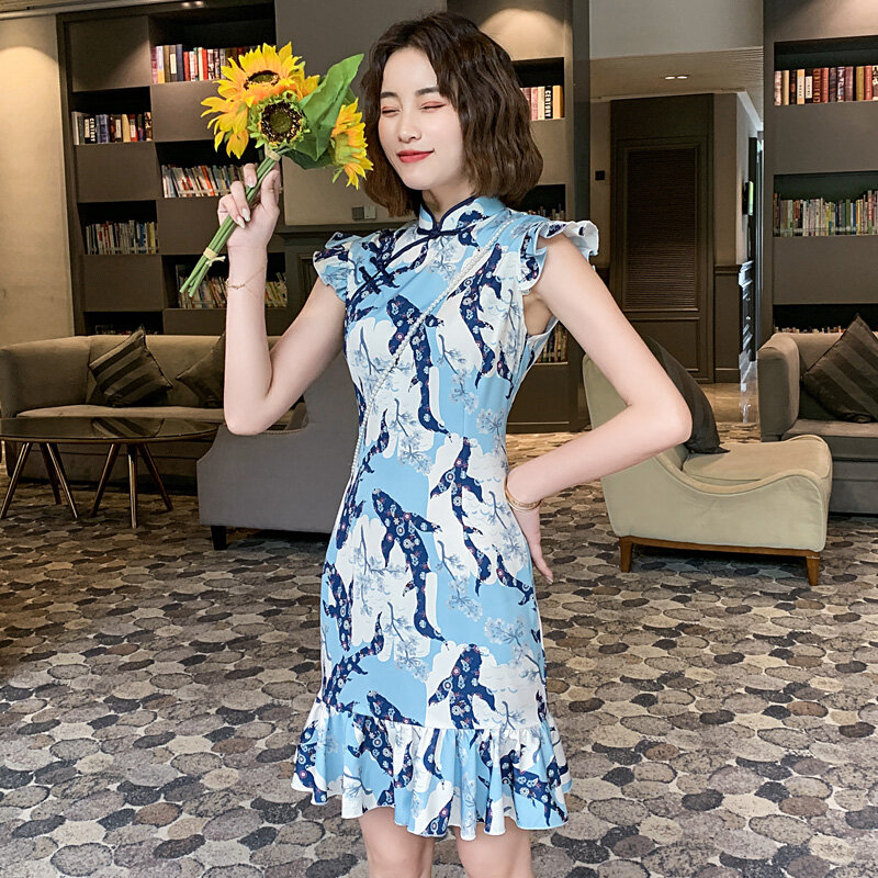Phiên bản cải tiến của sườn xám cô gái thời trang trẻ sinh gió hàng ngày của Trung Quốc ngắn nhỏ mùa hè váy thân váy