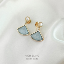 Ice blue fan-shaped cats eye silver wire S925 silver needle stud earrings female mosquito coil plate ear clip no ear holes female wild commuter