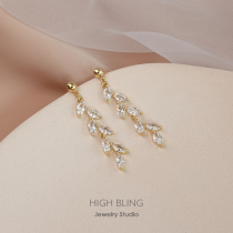 Long thin suitable for round face micro-inlaid zircon leaf earrings earrings female silver needle mosquito coil plate ear clip No ear holes female