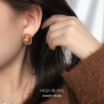 Original mosquito coil plate ear clip no ear holes female retro caramel coffee zircon temperament earrings earrings female 925 silver needle