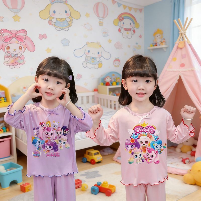 Wonderful and Cute Girls' Cartoon Pajamas, Long-Sleeved, Thin, Breathable Princess Home Clothes Set, 2-Piece Set for Spring and Summer