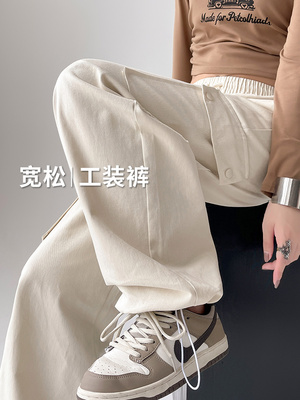 taobao agent Loose worker pants 2023 new autumn high -waisted casual straight American retro foot sports wide -leg pants