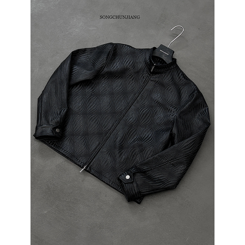 Songcraft Autumn Stand Collar Woven Leather Jacket Textured Zipper Coat Vintage Cool Top