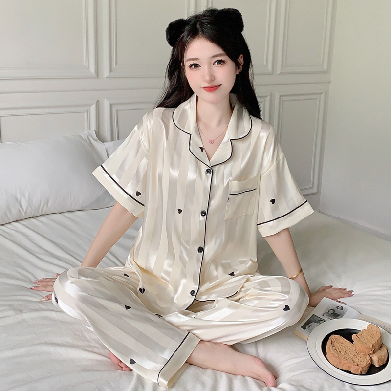 Ice Silk Pajamas for Women, Spring, Autumn and Summer, Short-Sleeved, Long Pants, Thin, Cool, High-End, Sweet, Heart-Shaped Home Wear Set