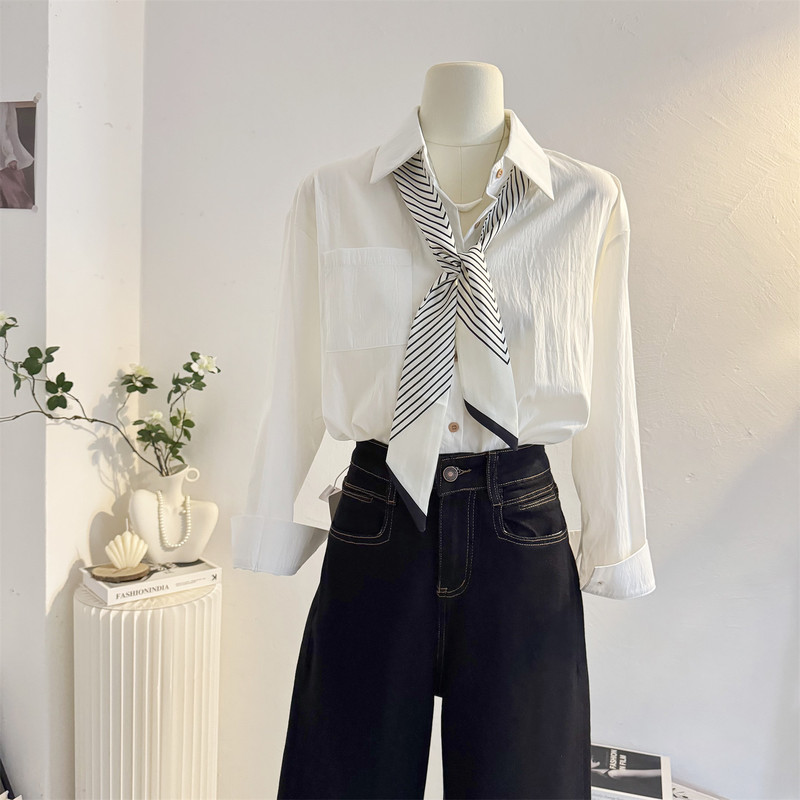 White Polo Collar Long-Sleeve Shirt for Women, 2025 Autumn Design, with Scarf, Loose, Casual, Elegant, Workwear Shirt White Polo Collar Long-Sleeve Shirt for Women, 2025 Autumn Design, with Scarf, Loose, Casual, Elegant, Workwear Shirt