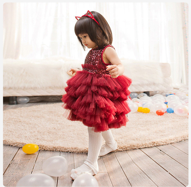 Super-foreign girl princess dress children's one-year-old dress stage singing performance sequined canopy gauze red cake dress