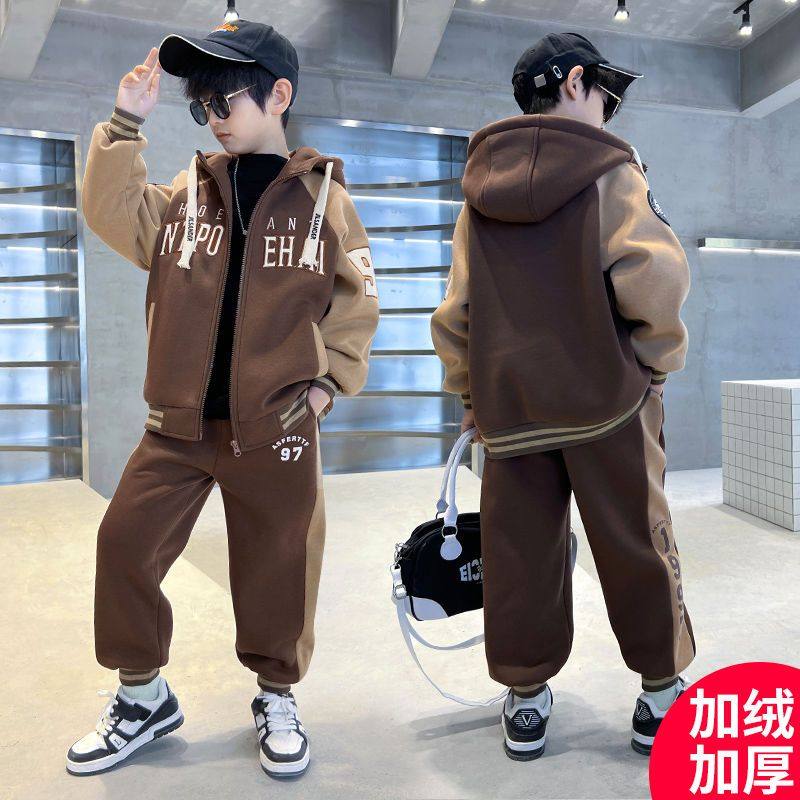Осенние костюмы для мальчиков красивые и модные, новые свитера с капюшоном для больших детей 2023 года, осенне-зимняя детская одежда из двух частей
