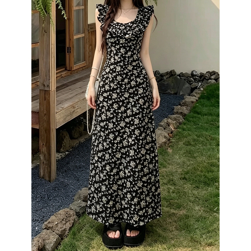 175cm Tall French-Style Floral Dress with Small Flutter Sleeves for Women, Summer Extended Version, Ankle-Length, Figure-Flattering, Tie-Waist A-Line Dress
