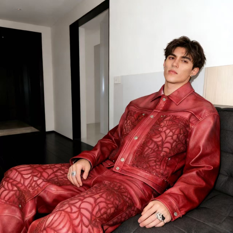 He Saiye/Spring Collection Heavyweight Red Leather Jacket Blood Moon Night Spider Web Leather Coat Regular Shoulder Jacket