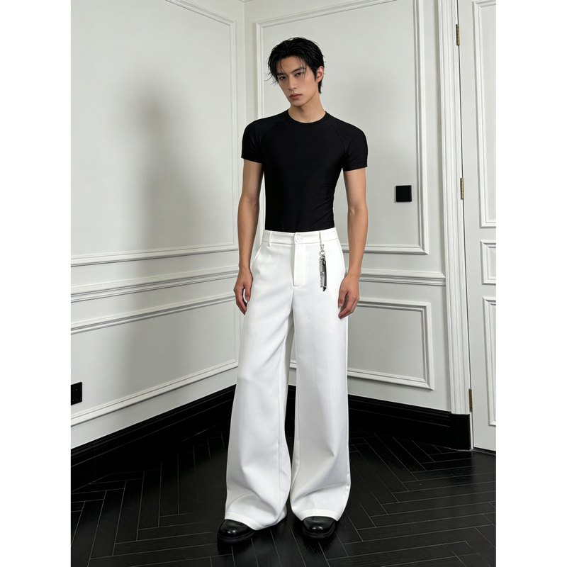 Hezanye/American-Style Cleanfit Straight-Leg Trousers with Accessories, Extended Drape Effect, White Simple Pants, Trendy