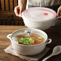 Chinese household large 10 inch ceramic soup bowl creative double ear with lid microwave oven fresh boiled fish Basin new product