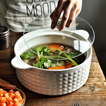 Creative Nordic style household ceramic soup basin large with lid double ear microwave oven soup bowl soup bowl soup bowl soup to send large spoon