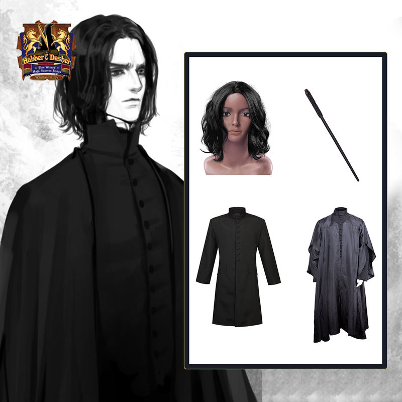 Halloween Harry Potter Slytherin House Surrounding Items: Coat, Cloak, Wand, Wig, Professor Snape Cosplay Robe Set