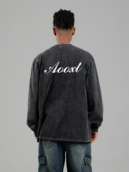 AOOXT American high street washed old embroidered letters long-sleeved T-shirt loose casual pure cotton style ດຽວສໍາລັບຄູ່ຜົວເມຍຜູ້ຊາຍແລະແມ່ຍິງ