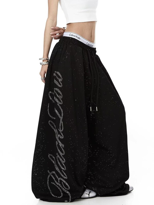 American-Style Casual Black Sweatpants with Rhinestones and Silver Glitter for Women, Hip-Hop Street Dance Pants, Loose Sports Pants, Trendy