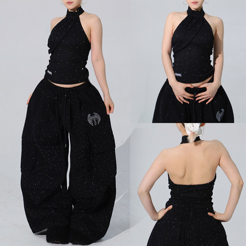 アメリカンオリジナルスタイル シルバーフォイルラインストーン スパークリング カーゴパンツ メンズ＆レディース ストリートダンス、ジャズ、ジャズ フルラインストーン ワイドレッグ フロア丈パンツ