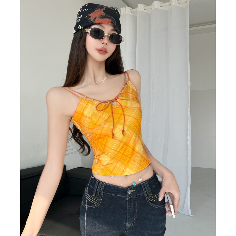 Hippie Party~American Sweetheart Hot Girl Style Plaid V-Neck Tie Strap Camisole Women's Summer Vacation Style Slimming Top Hippie Party~American Sweetheart Hot Girl Style Plaid V-Neck Tie Strap Camisole Women's Summer Vacation Style Slimming Top