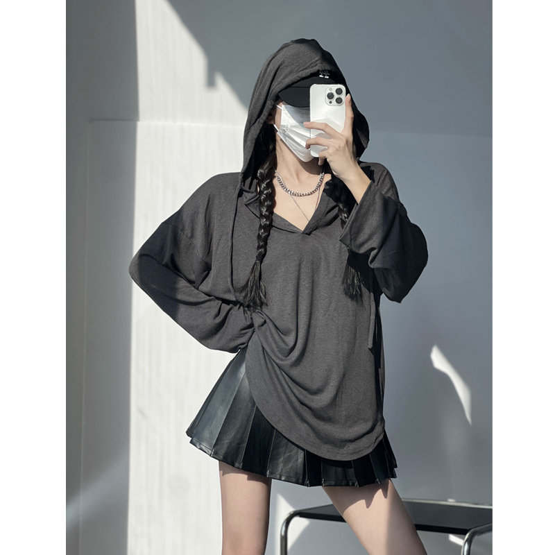 American-Style Spicy Girl Wasteland Style Hooded T-Shirt Sports Sweatshirt Summer and Autumn Sun Protection Cover-Up Gray Long-Sleeve Base Shirt for Women