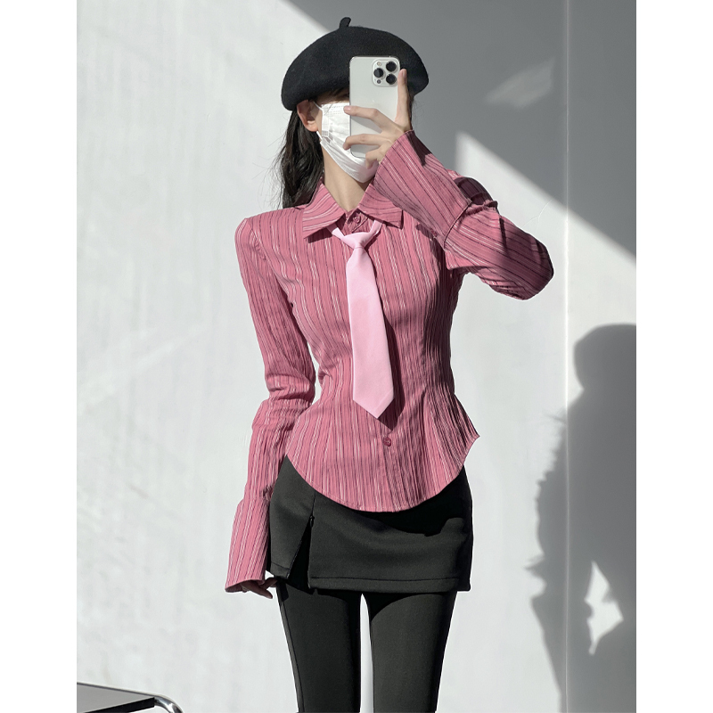 Peach Girl Pink Striped Textured Waist-Cinching Shirt Women's Top Niche Preppy Style Embroidered Slim Long-Sleeve