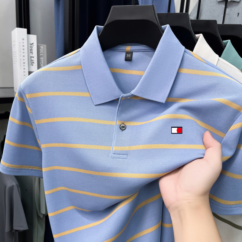 American Tommy 2026 Summer New Men's Mercerized Cotton Short-Sleeved Polo Shirt Striped Lapel Casual T-Shirt Men's Clothing