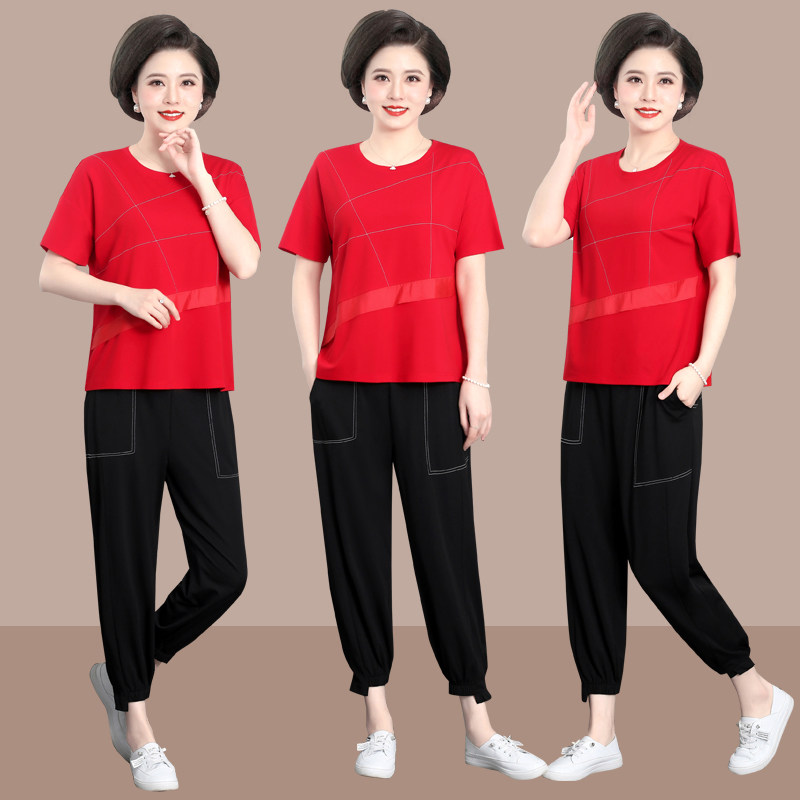 Young Mom Summer Clothing T-shirt Foreign Pie New Middle Aged Sports Suit Women Midyear Short Sleeves 40-50 Two Sets