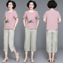 Mom cotton numb suit 2020 new middle-aged and elderly woman in summer clothing two sets middle-aged foreign gas big code 40-50