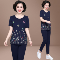 Mother Summer Clothing Short Sleeve T-shirt Mid-Aged 2020 New Middle Aged Sports Suit Women Foreign Air Two Sets Big Code