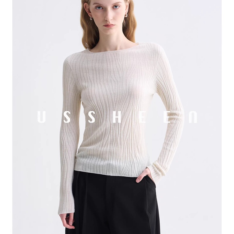 Cg Minimalist Style One-Line Neckline All-Wool Knit Sweater for Women, Long-Sleeved Slim-Fit Base Shirt