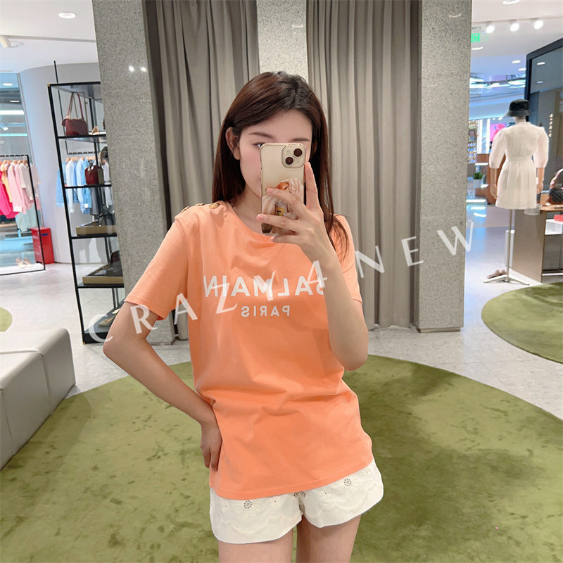 【Authentic Product in Stock】Balmain Balmain Spring/Summer Women's Letter Print Round Neck Gold Button Sleeveless Short Sleeve T-Shirt