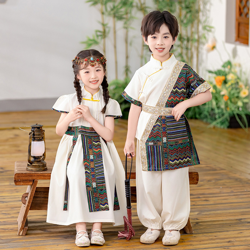 男の子と女の子のための夏のチベット民族衣装、幼稚園の制服、卒業式の制服、子供の日の衣装、ダンスパフォーマンスの衣装